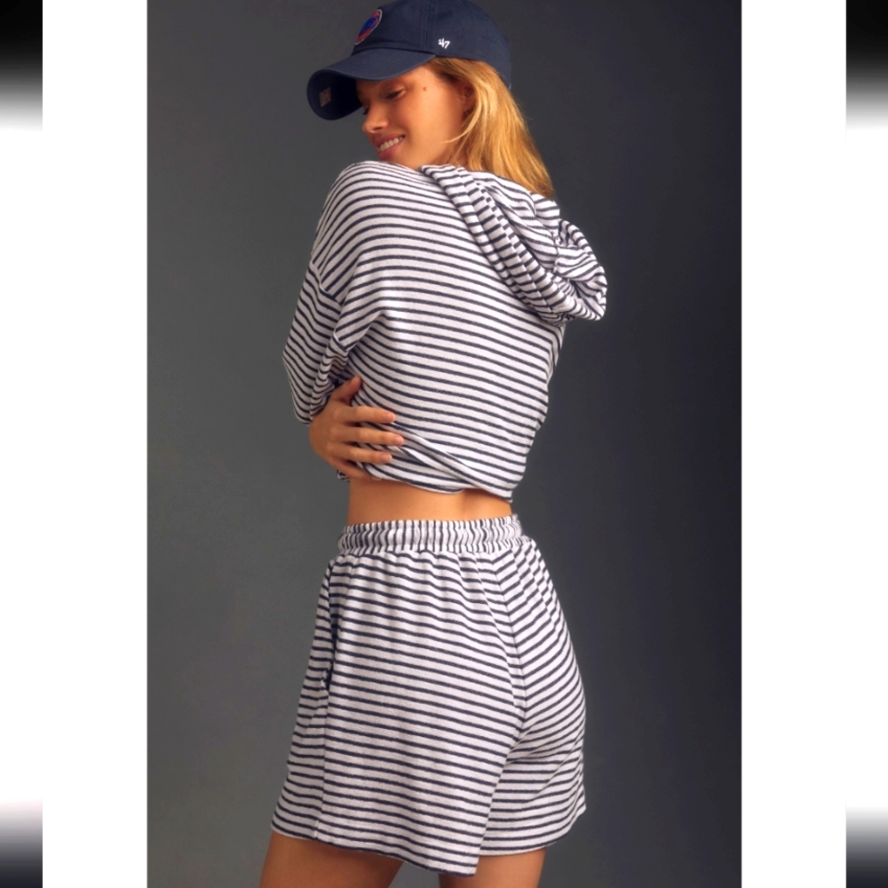 Sundry By "Anthropology" Navy & White Striped Shorts With Cinched Tie